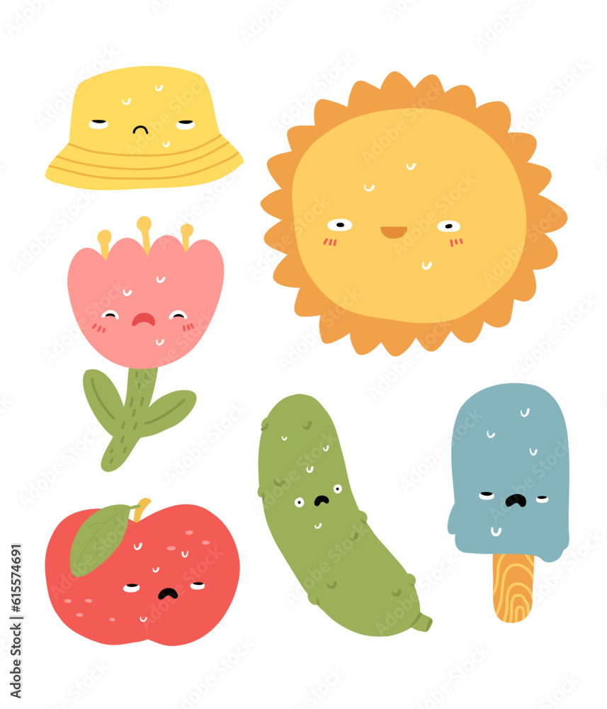 Set of stickers characters suffering from heat