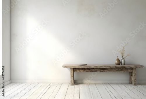 Rustic Exposed Brick Wall with Worn Farmhouse Table Minimalist Product Backdrop Background Neutral Minimalist Simple Minimal Color, Beige, Tan, White, Vase