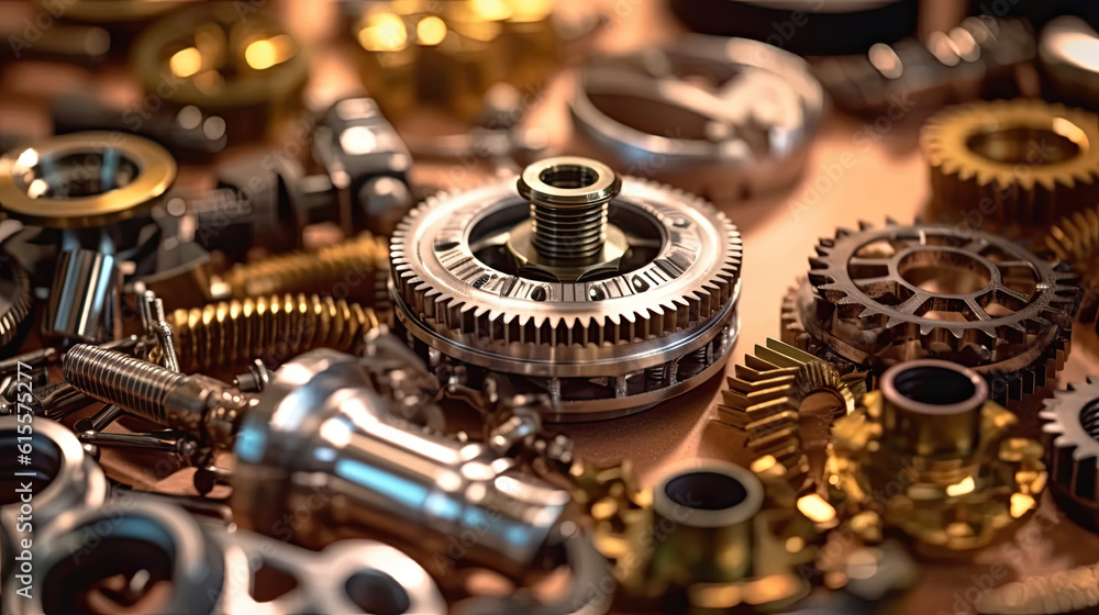 Close up of tetallic gears and auto parts Close up of tetallic gears and auto parts