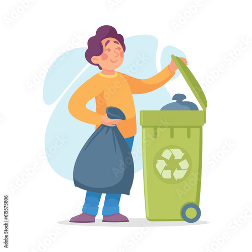 Man Character Doing Housework Throwing Garbage in Dustbin Vector Illustration