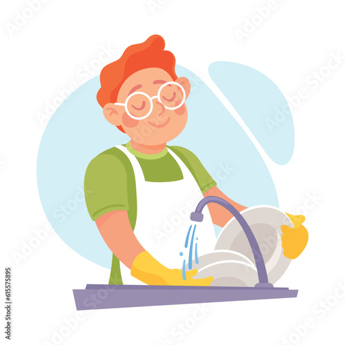 Man Character Doing Housework Washing Dishes in Kitchen Sink with Gloves Vector Illustration