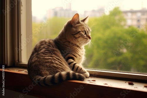 A cat on window ledge. Generative AI.
