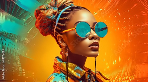 cool cyberpunk woman with sunglasses and jewelry in front of a colorful abstract background, fictional person created with generative ai