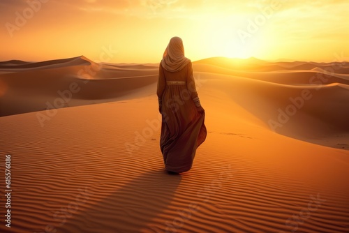 Arabian woman walk in the desert sand and dunes at sunset. Generative AI.