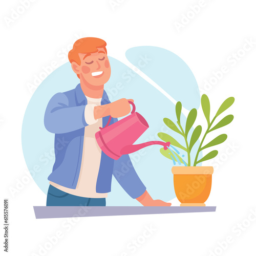 Man Character Doing Housework Watering Houseplant in Pot Vector Illustration