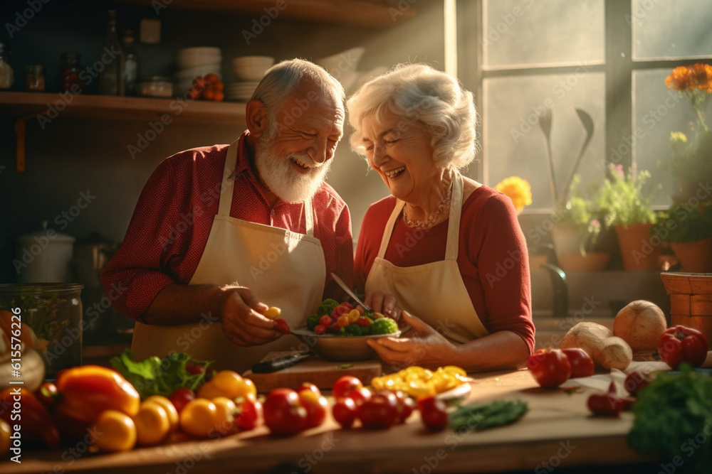Elderly couple cooking at kitchen together