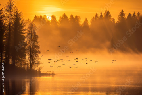 Sunrise on a lake with trees and birds flying