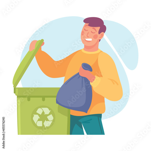 Man Character Doing Housework Throwing Garbage in Dustbin Vector Illustration
