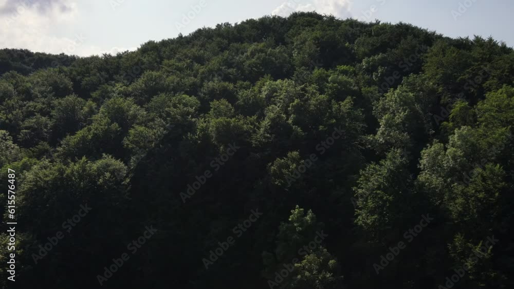 Drone shot moving forward to green forest and majestic mountain valley with sun flare in summer day. Europe outdoor beautiful nature scape mountains wild aerial establisher. Hiking paradise Drone shot moving forward to green forest and majestic mountain valley with sun flare in summer day. Europe outdoor beautiful nature scape mountains wild aerial establisher. Hiking paradise