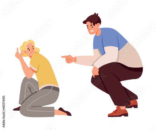 Domestic Violence and Human Aggression with Man and Woman Victim Vector Illustration
