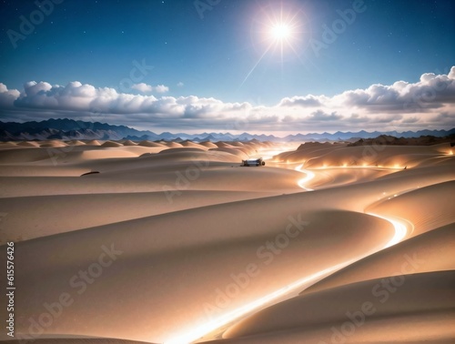 Golden path illuminated by sunlight in the desert. Created with Generative AI Technology.