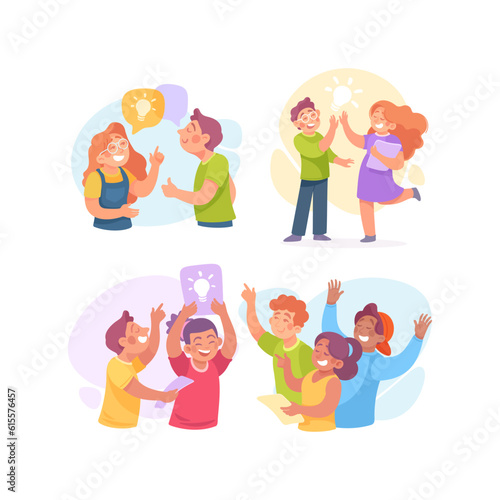 People with Lightbulb Sharing Ideas and Brainstorming Vector Set