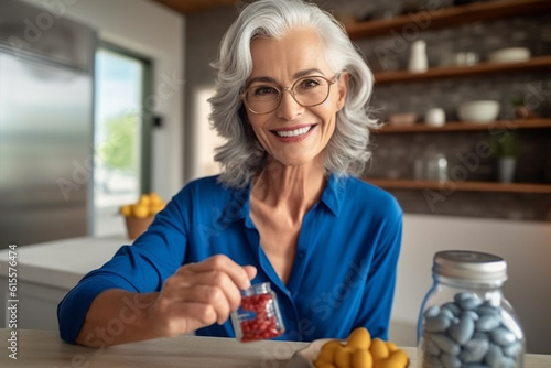 Smiling caucasian elderly woman with pills in hand at home