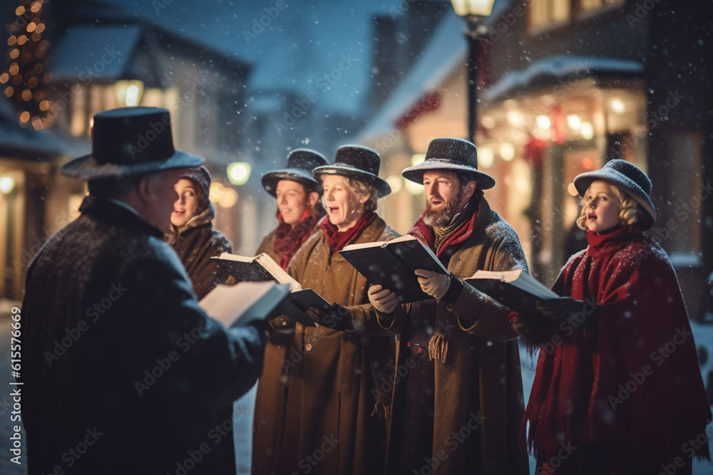 Fototapeta premium group of people dressed in 19th-century clothing sing Christmas carols in the street, England