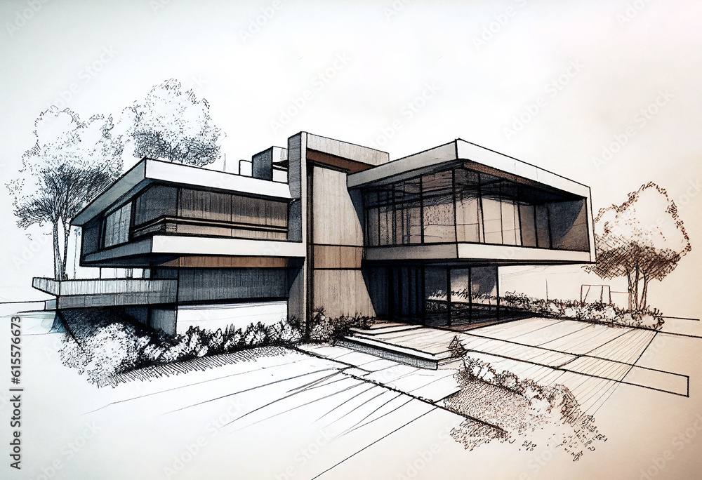 Architectural ink drawing design which is a blue print design by an architect for the construction plan of a luxury house for the construction industry, computer Generative AI stock illustration