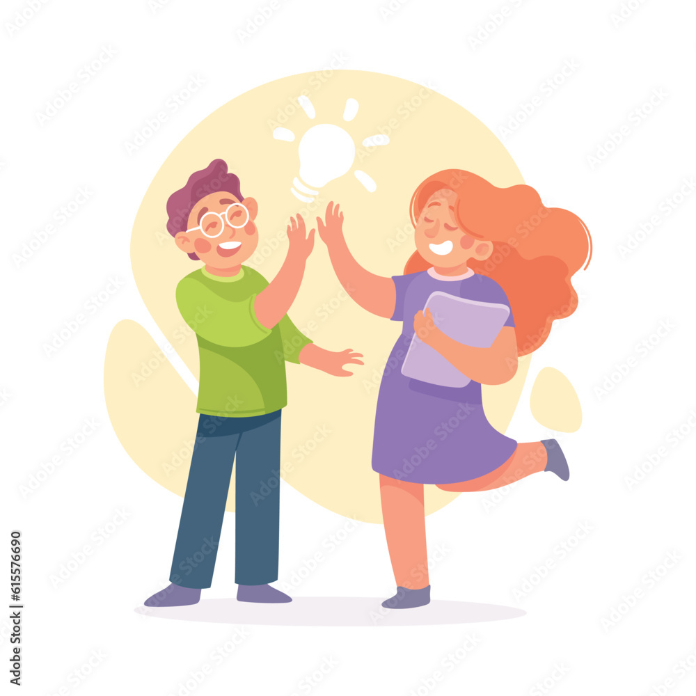 Man and Woman Having Bright Idea and Finding Smart Solution Cheering Vector Illustration Man and Woman Having Bright Idea and Finding Smart Solution Cheering Vector Illustration
