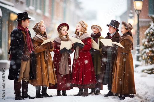 group of people dressed in 19th-century clothing sing Christmas carols in the street, England
