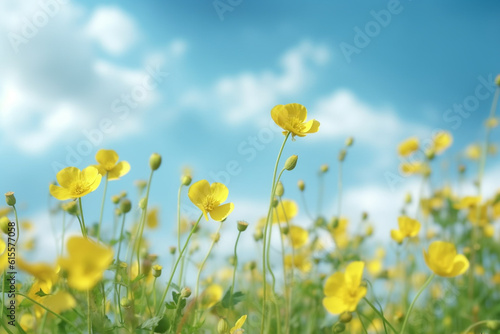 A low side view of blooming rapeseed flowers against a blue sky background © Simonforstock