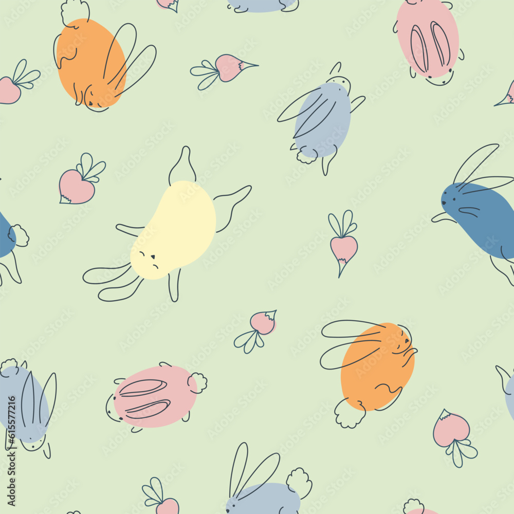 Seamless pattern with funny rabbits. Animal print. Pets. Festive decor. A pattern of simple elements. Vector illustration. Seamless pattern with funny rabbits. Animal print. Pets. Festive decor. A pattern of simple elements. Vector illustration.
