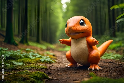 Hyper realistic charmander baby left in the woods, weird, otherworldly, real, vintage photograph, film set, 85mm lens, f/2.8 aperture