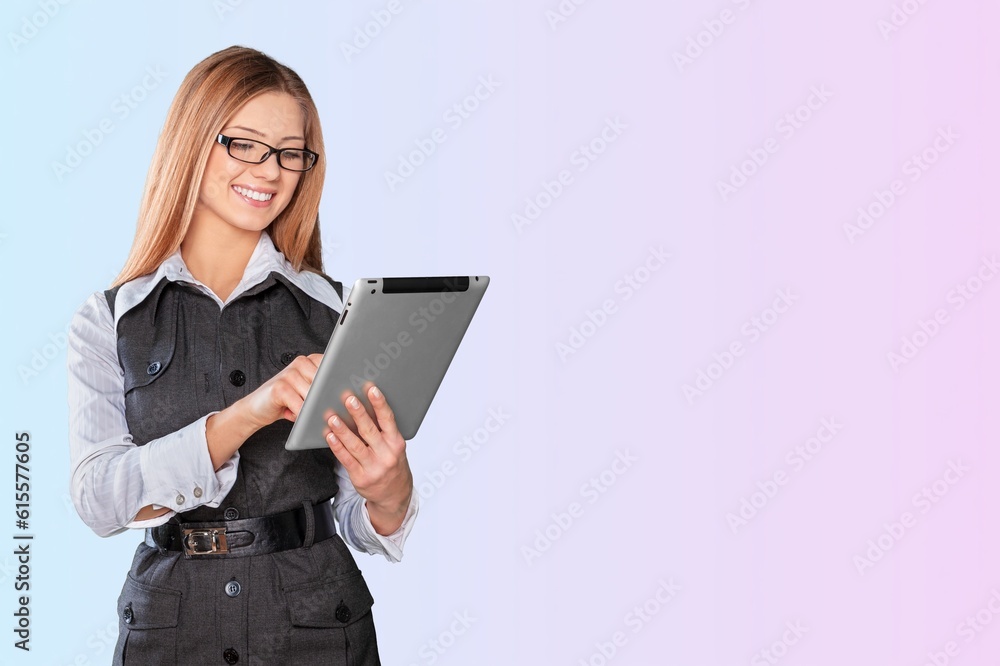 young smiling business woman holding tablet computer young smiling business woman holding tablet computer
