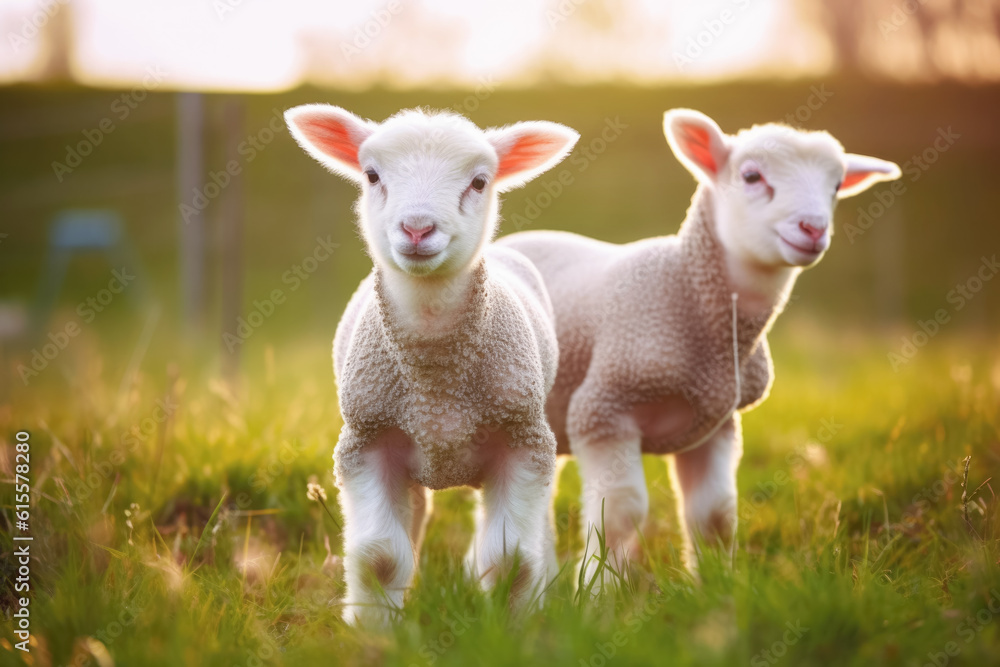 Two young lamb sheep on spring meadow looking curious into camera, nice warm afternoon sunlight haze. Generative AI Two young lamb sheep on spring meadow looking curious into camera, nice warm afternoon sunlight haze. Generative AI