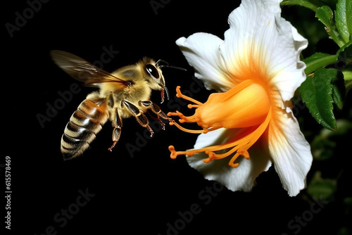 Bee flying over black background consuming pollen from white and orange flower