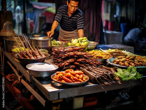 street food locale, cibo nei mercati del mondo, ristorante locale in paesi asiatici,  photo