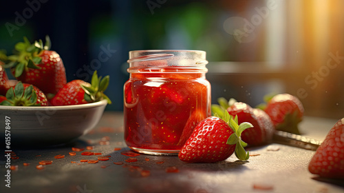 Close up of strawberry jam and fresh berries in jars on table