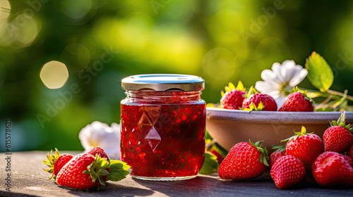 Close up of strawberry jam and fresh berries in jars on table