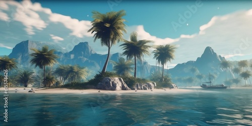 Wild  uninhabited island with palm trees and mountains. Created with generative AI tools