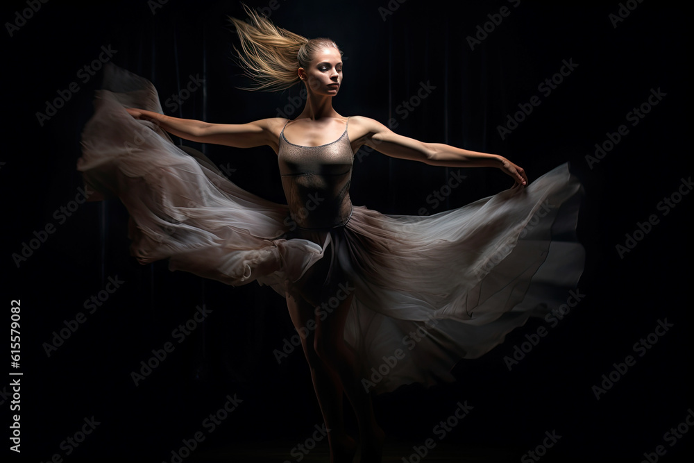 a woman in a white dress with her arms spread out and she is dancing on a dark stage behind her a woman in a white dress with her arms spread out and she is dancing on a dark stage behind her