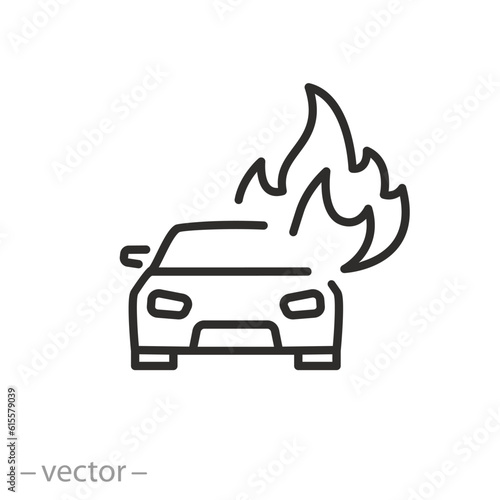 burning car icon, auto in fire, line symbol on white background - editable stroke vector illustration eps10