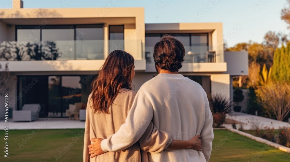 Happy young couple standing in front of new home - Husband and wife buying new house. Life style real estate concept. - obrazy, fototapety, plakaty 