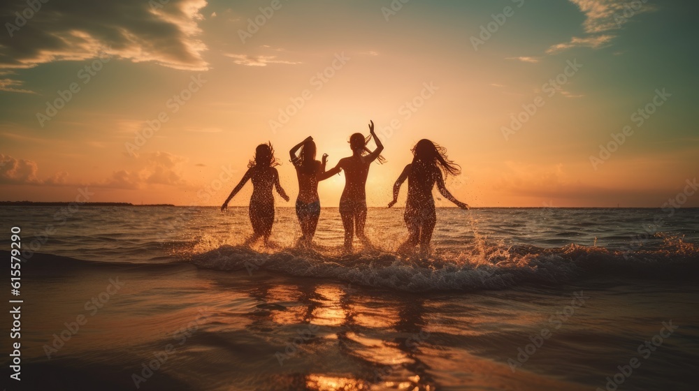 Happy friends having fun at sunset beach. Summer vacations concept.