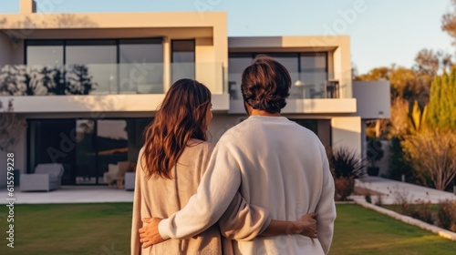 Photographie Happy young couple standing in front of new home - Husband and wife buying new house