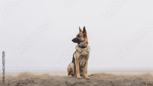 German Shepard Dog sitting on its own with a very bleak simple landscape behind © Platysmo