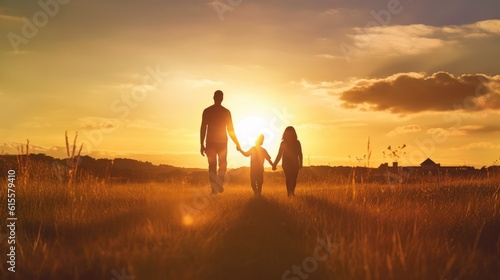 Silhouette of happy family walking in the meadow at sunset. Mother, father and child son having fun outdoors enjoying time together. Family, love, mental health and happy lifestyle concept.