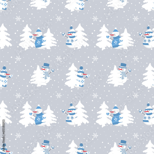 Christmas background. Seamless pattern. Cute snowmen have fun. Different snowmen in blue winter clothes and white fir trees. Vector illustration