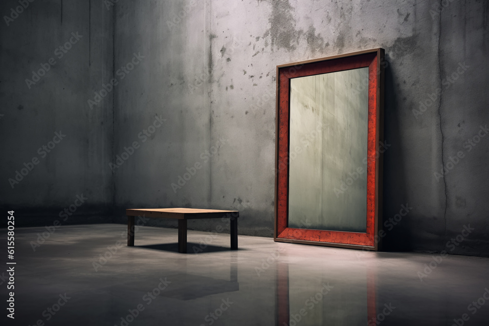 A mirror with a wooden frame, with a dark reflective cement floor, with a blurry background A mirror with a wooden frame, with a dark reflective cement floor, with a blurry background