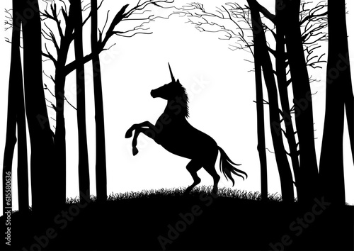 Silhouette of a unicorn in the woods, black and white vector illustration photo