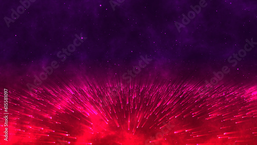 Background is amorphous. Abstract background for celebration with light beam and shine in the center of galaxy, stars endless, loop, and glow red dust particulate glitter