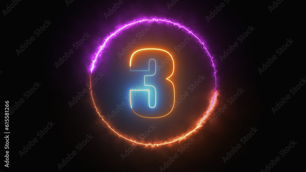 Neon shiny number 3 (Three) with text in neon fire circle round. Neon shiny number 3 (Three) with text in neon fire circle round.