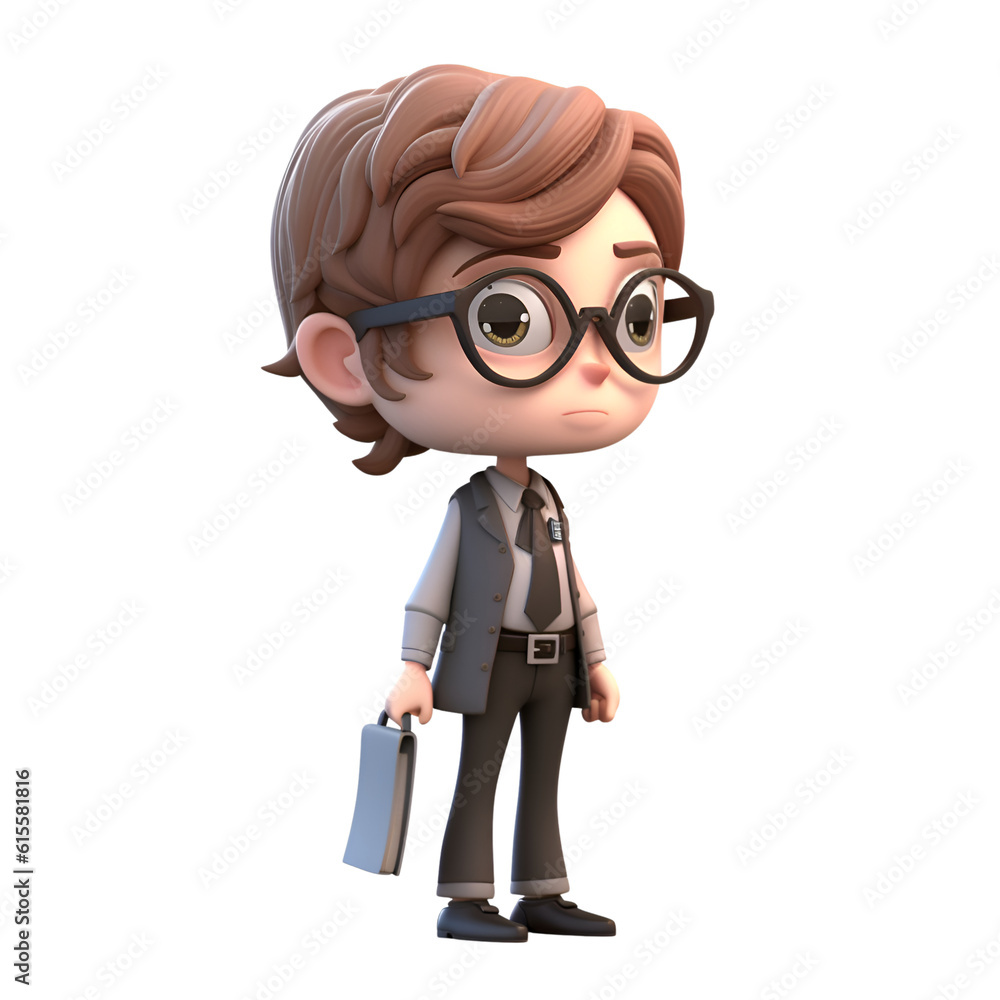 3D Render of a Little Boy with Glasses and a Briefcase