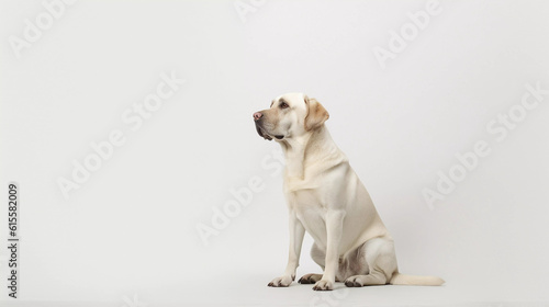 Labrador Retriever Dog sitting on its own with a white plain background