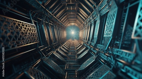 Futuristic industrial metal three-dimensional perspective view of the tunnel with light in the center and dark background
