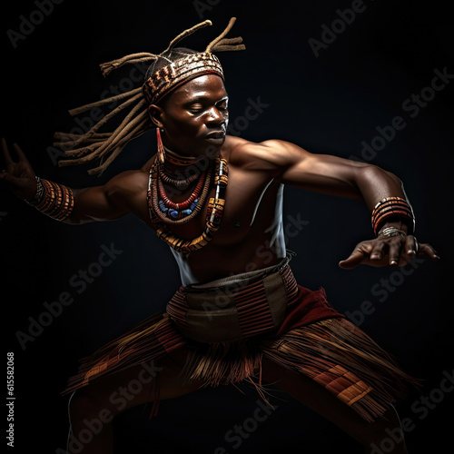 an african man in traditional clothing and headdres, dancing with his hands raised up to the sides he is wearing a necklace