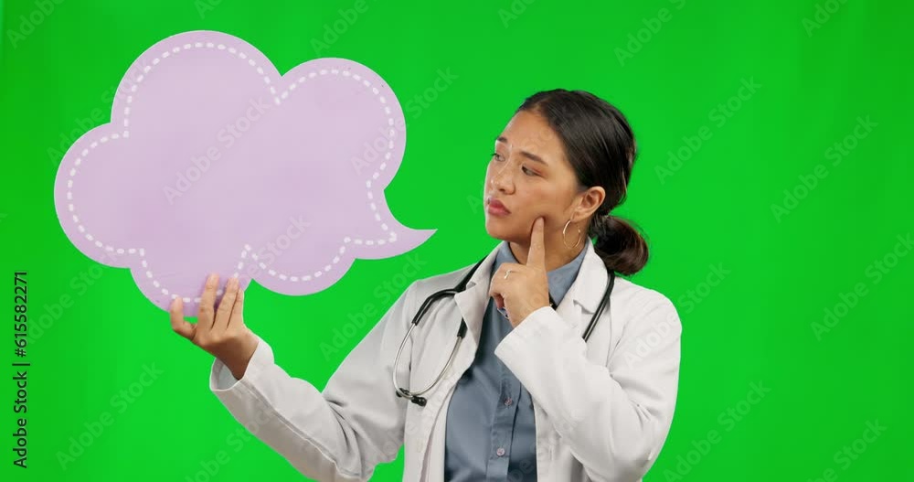 Speech bubble, doctor thinking and green screen for healthcare solution, communication and brainstorming mockup. Think poster, ideas and medical nurse or asian woman for memory on a studio background Speech bubble, doctor thinking and green screen for healthcare solution, communication and brainstorming mockup. Think poster, ideas and medical nurse or asian woman for memory on a studio background