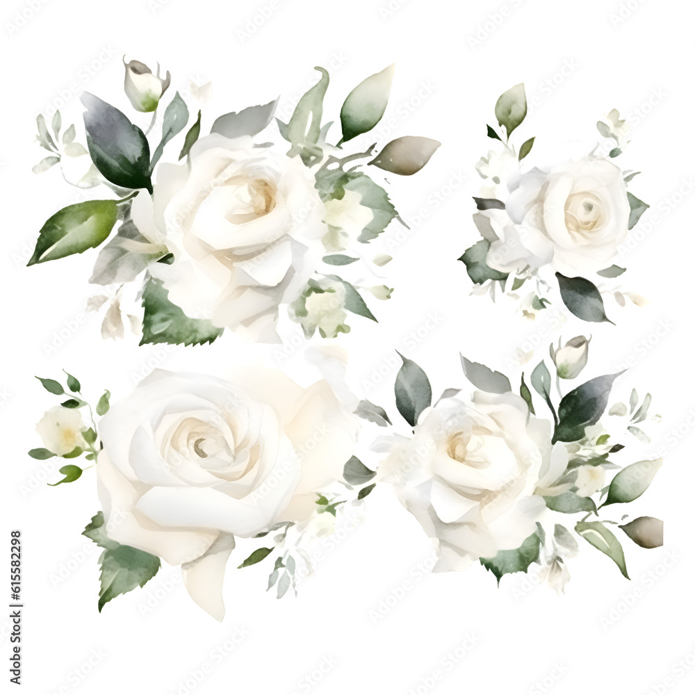 Set of watercolor white roses with green leaves. isolated on white background