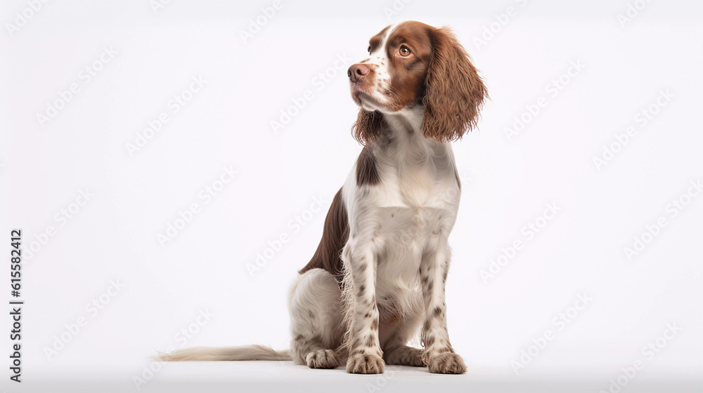  Springer spaniel Dog sitting on its own with a white plain background